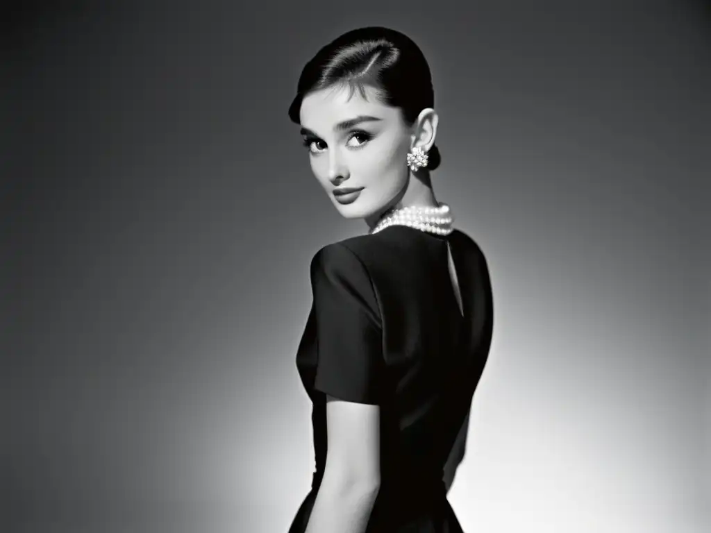 La icónica Audrey Hepburn luce el clásico vestido negro de Givenchy, emanando elegancia y sofisticación en una imagen atemporal