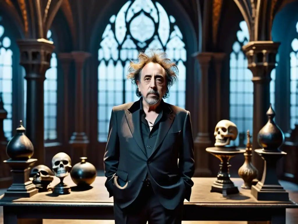 Tim Burton en su icónica estética gótica, supervisando la creación de su mundo único