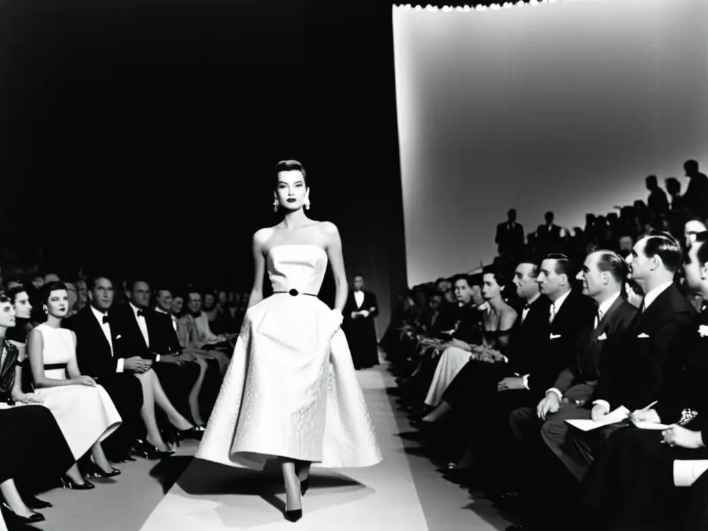 Una icónica pasarela de moda de los años 50, con un vestido Balenciaga que impacta en la escena cultural de la moda