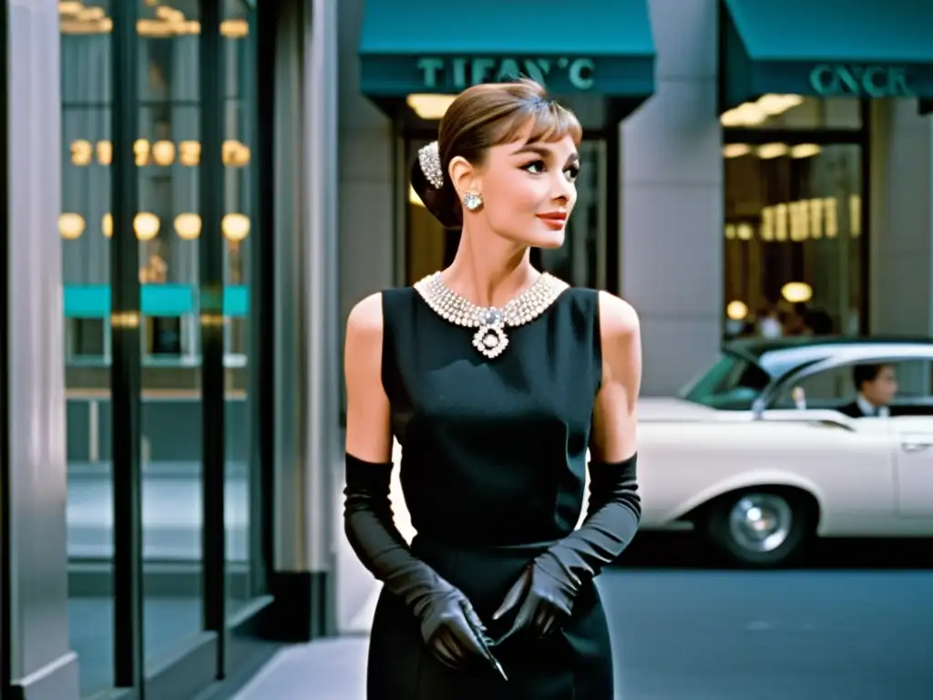 La icónica Audrey Hepburn en su vestido negro emblemático de Givenchy en 'Desayuno en Tiffany's', frente a la tienda Tiffany & Co