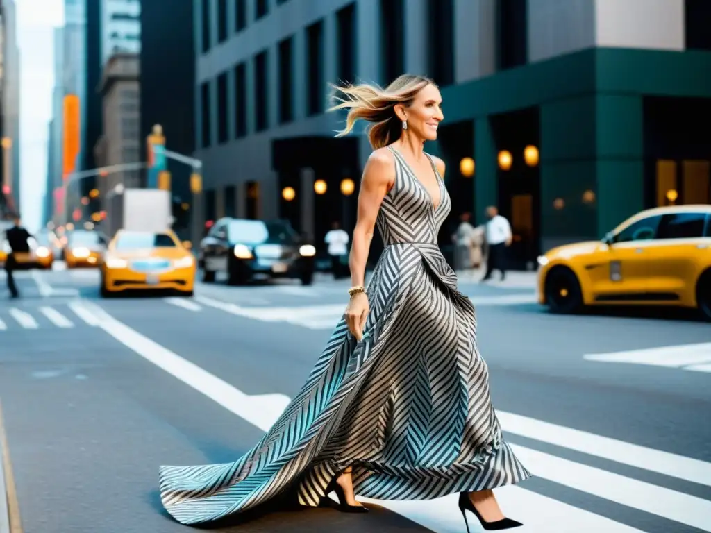 Sarah Jessica Parker deslumbra en su icónico atuendo de moda contemporánea mientras camina por la bulliciosa calle de la ciudad