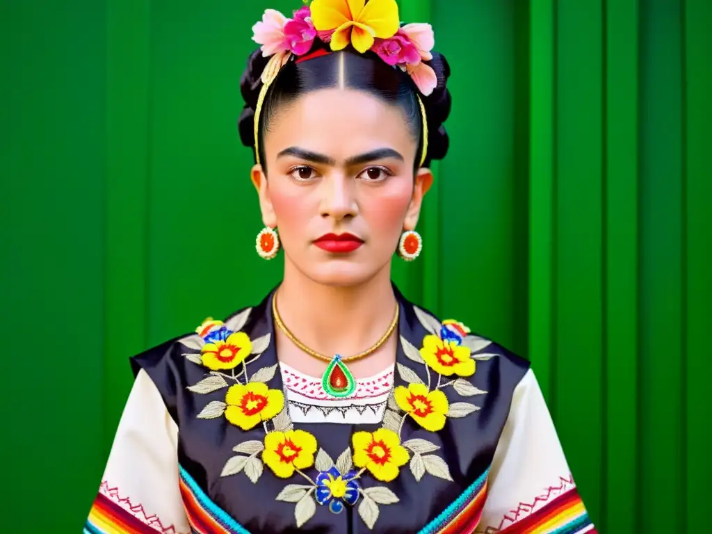 Fotografía documental de alta resolución del icónico atuendo Tehuana de Frida Kahlo, resaltando su rica influencia en la moda mexicana