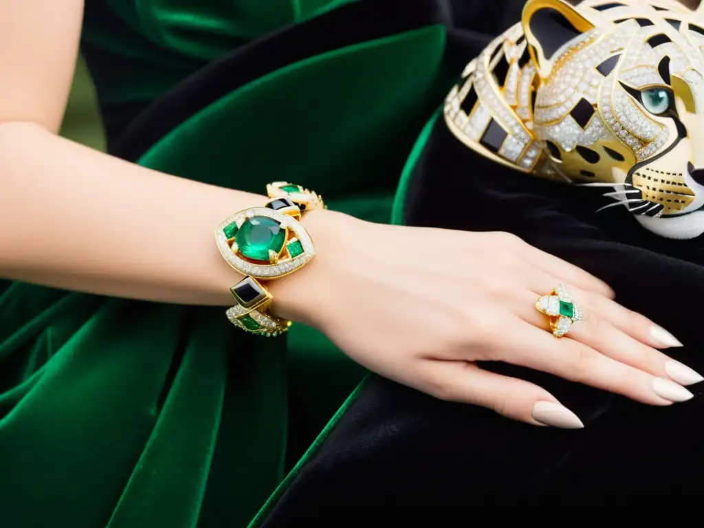 Un icónico brazalete de pantera de Cartier, exudando lujo y elegancia atemporal con detalles de diamantes, ojos de esmeralda y manchas de ónix