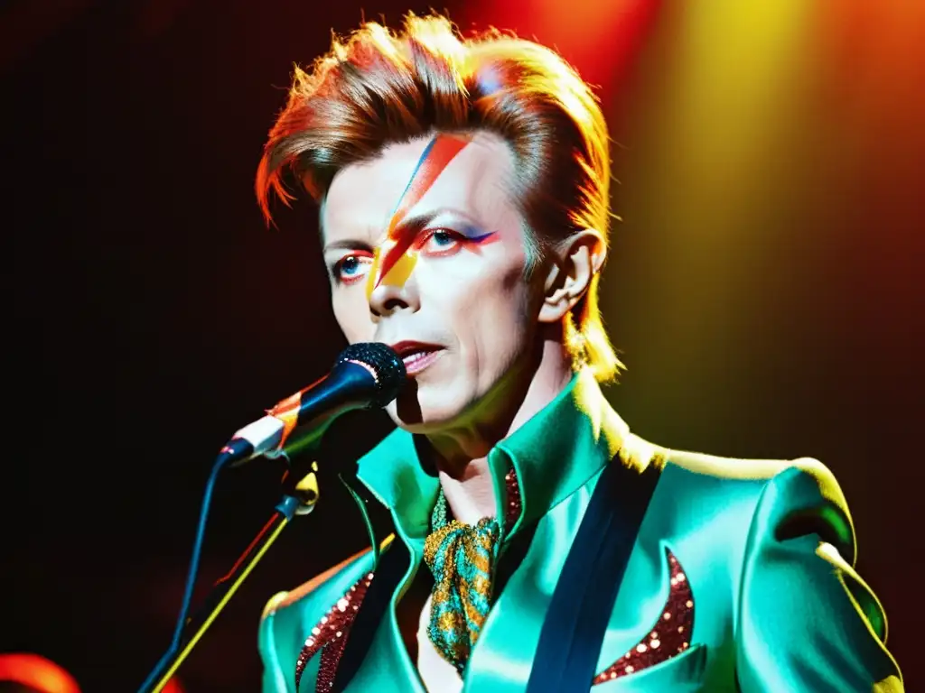 David Bowie en un icónico concierto, mostrando su legado estilístico con un atuendo vibrante y elaborado, exudando carisma y confianza