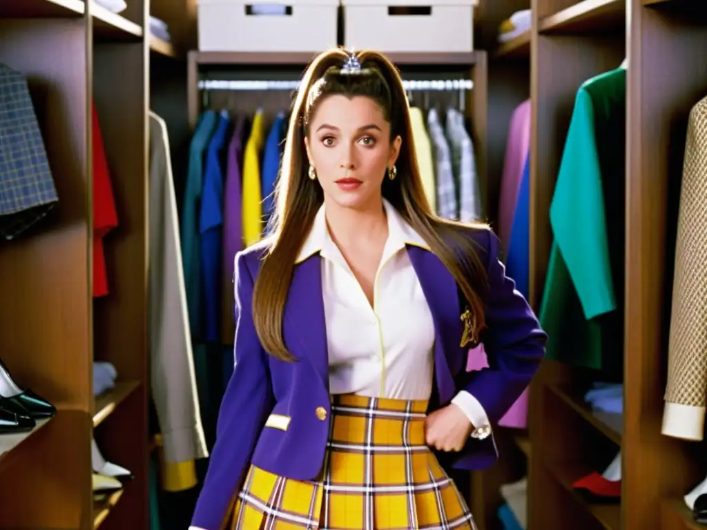 Cher Horowitz en su icónico closet giratorio, rodeada de atuendos perfectamente coordinados, exhibe su influencia como ícono de estilo y moda