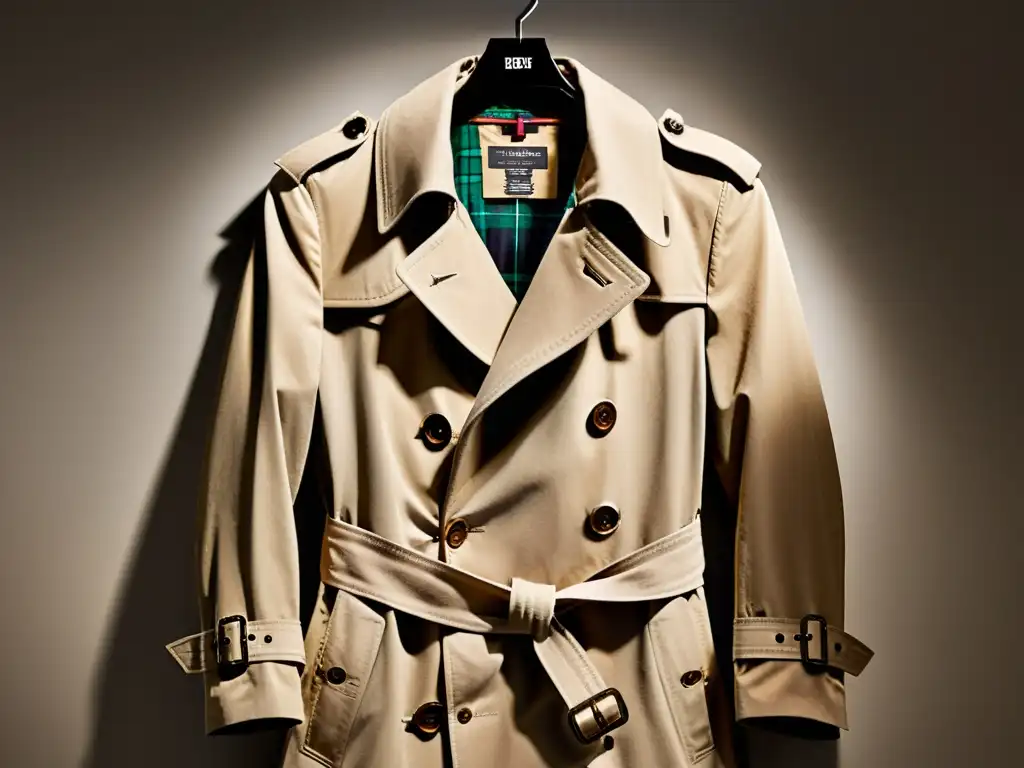 Un icónico trench coat Burberry en un museo, resaltando su impacto cultural en la moda con elegancia atemporal y sofisticación