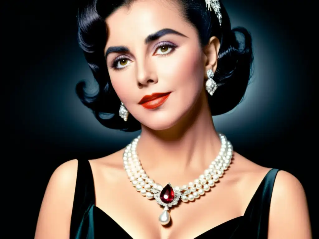 Elizabeth Taylor luce el icónico collar La Peregrina, joyas de Hollywood en la moda, resaltando la elegancia y el glamour atemporal