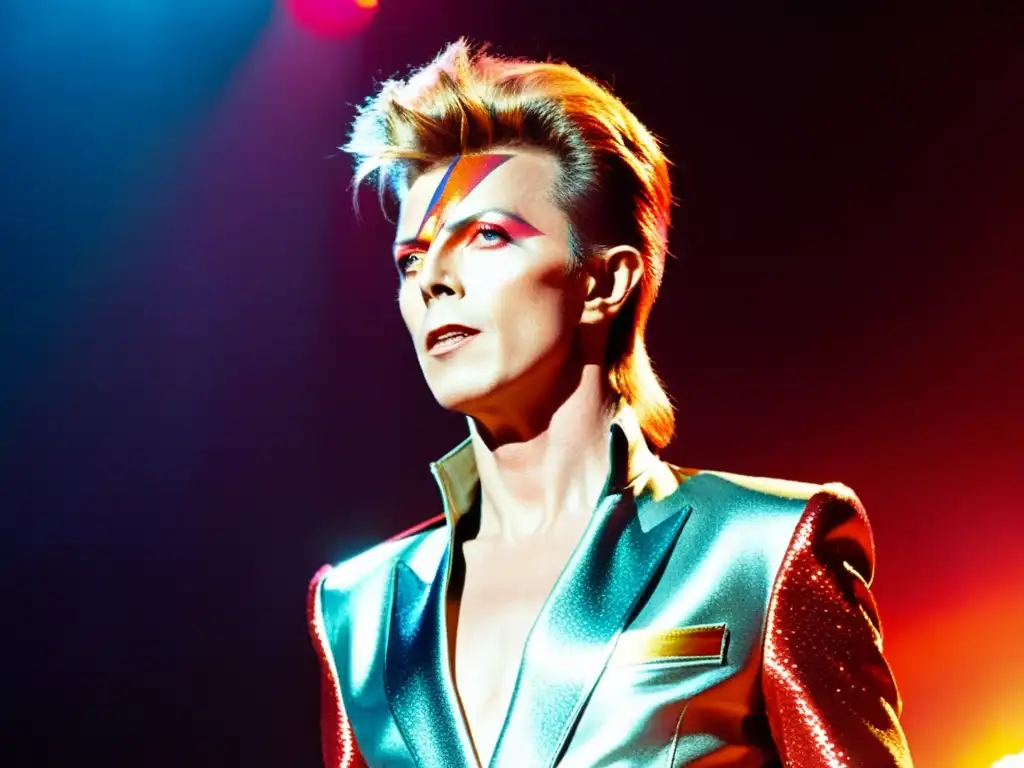 David Bowie personifica el icónico Ziggy Stardust con un vibrante traje metálico y maquillaje audaz