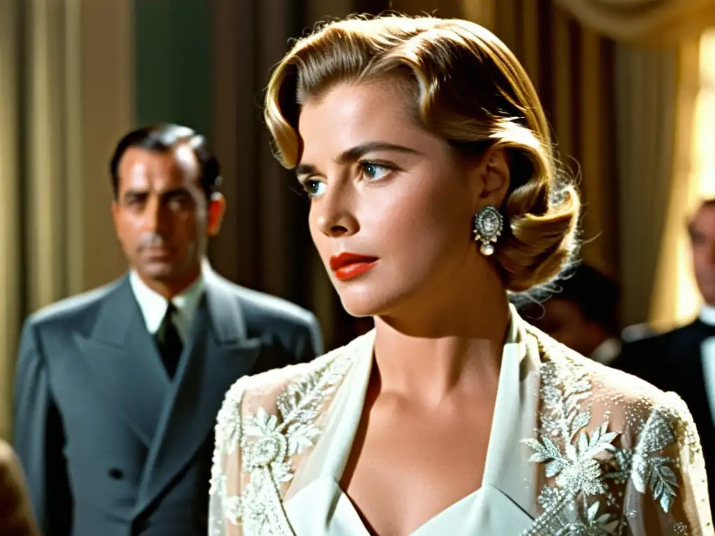 Ingrid Bergman luce el icónico traje blanco de Casablanca, con Humphrey Bogart mirándola con anhelo