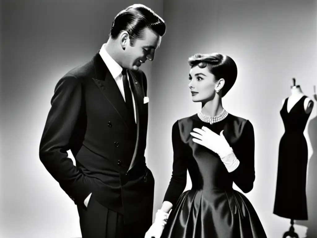 Givenchy ajusta el icónico vestido negro en Audrey Hepburn, capturando la elegancia y el impacto cultural de la moda de Givenchy en los años 50