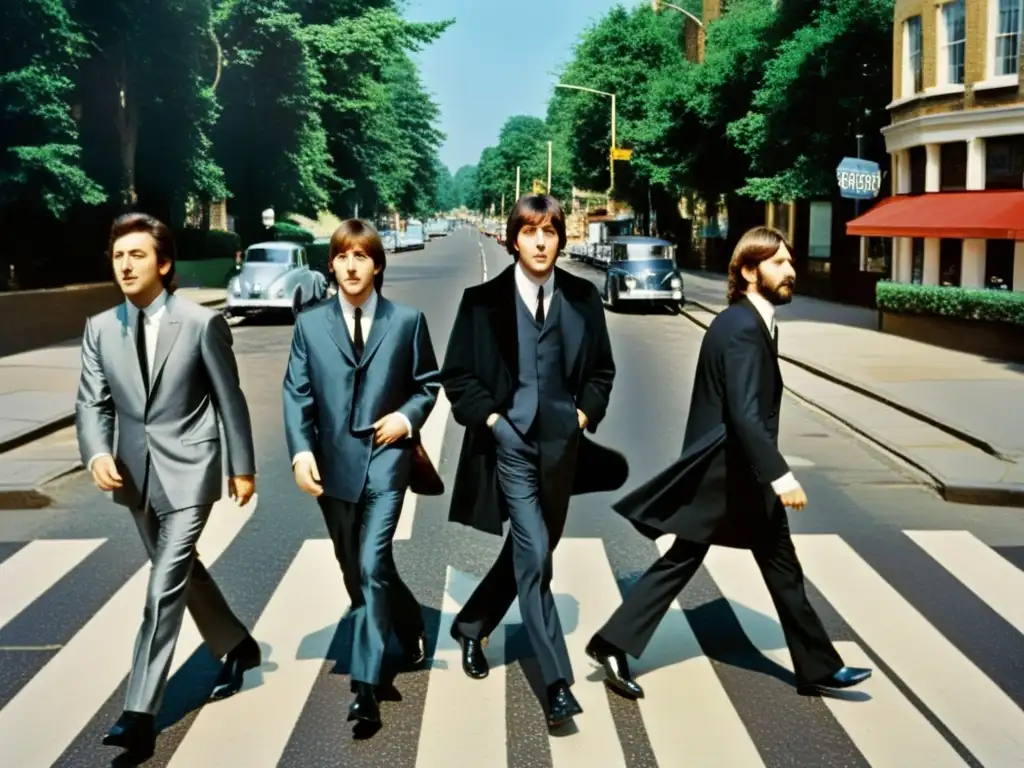 Los icónicos Beatles cruzando Abbey Road, con Paul McCartney a la cabeza, influenciando la moda masculina