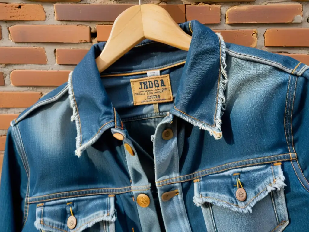 Un ícono de la historia del denim como símbolo: una chaqueta gastada y desgastada sobre ladrillos envejecidos, con detalles destacados