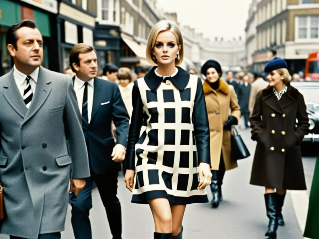 Twiggy, ícono de la moda de la década de 1960, camina por una concurrida calle londinense, luciendo un atuendo mod