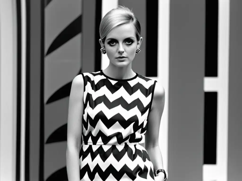 Twiggy, ícono de la moda de los 60, luce un vestido geométrico