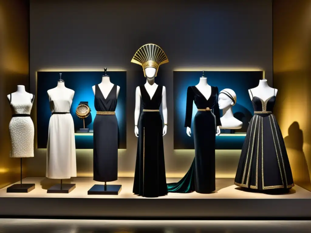 Iconos de estilo impacto cultural: Exposición de moda icónica con piezas de Cleopatra, Marie Antoinette, Audrey Hepburn y Lady Di en un ambiente de museo con iluminación dramática