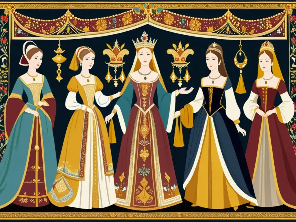 Una ilustración detallada de un tapiz medieval que muestra a noblewomen con exquisitos vestidos y joyas, en un bullicioso mercado