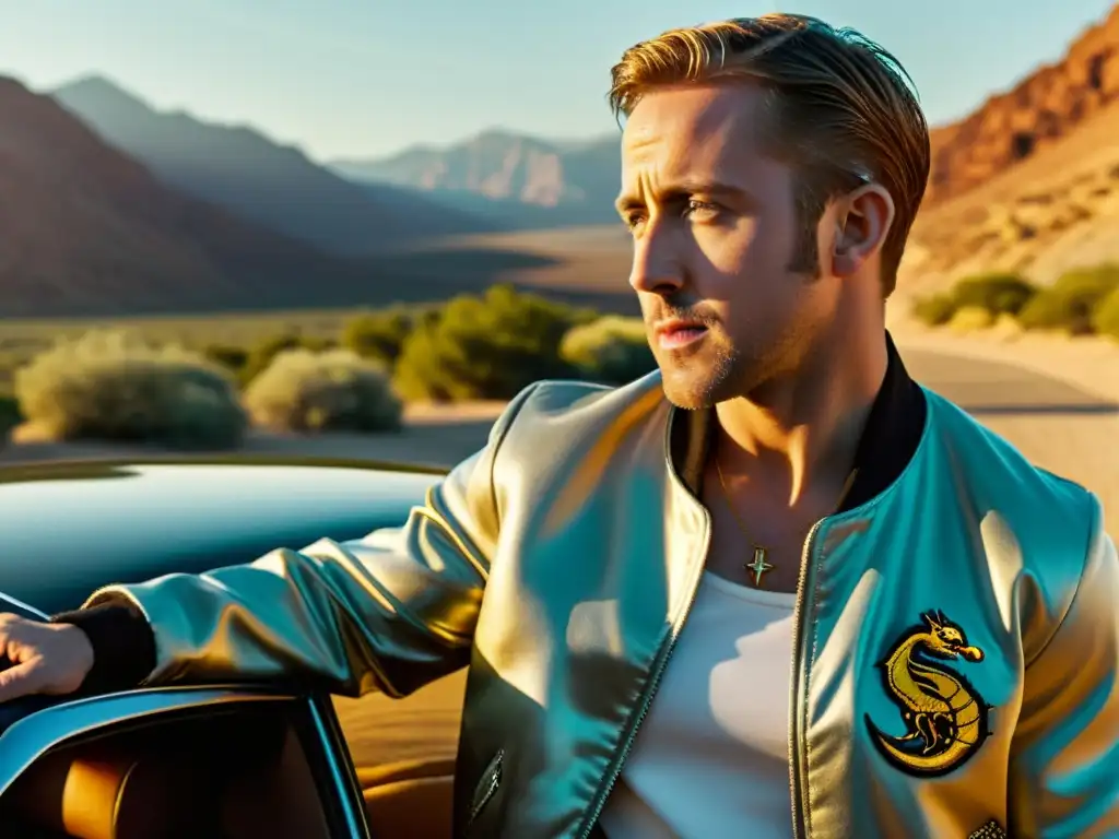 Ryan Gosling con icónica Chaqueta Escorpión en imagen de alta resolución, capturando el estilo y la intensidad de su personaje en 'Drive