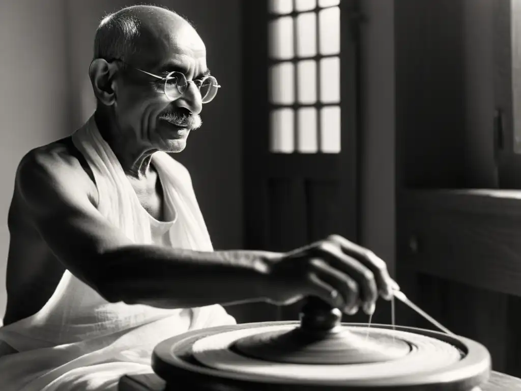 Imagen en blanco y negro de Mahatma Gandhi hilando algodón en la Revolución del Khadi en India, con determinación en su rostro