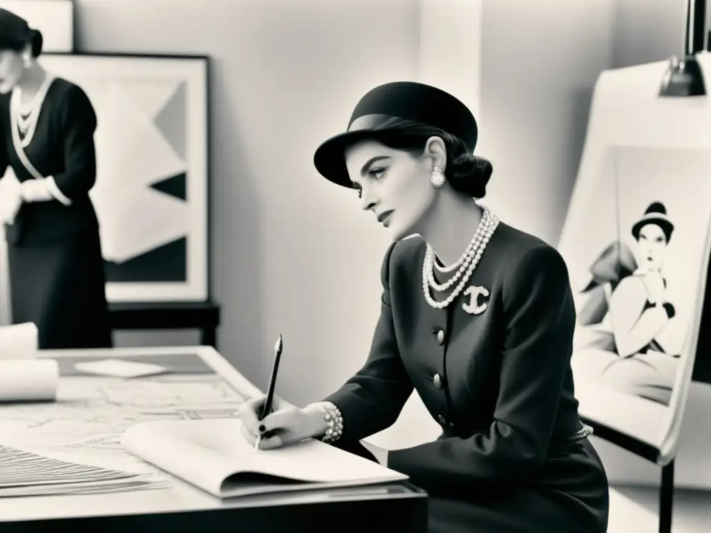 Coco Chanel creando moda con sus musas Imagen en blanco y negro de Coco Chanel en su atelier rodeada de lujosas telas, diseñando mientras modelos elegantes la observan