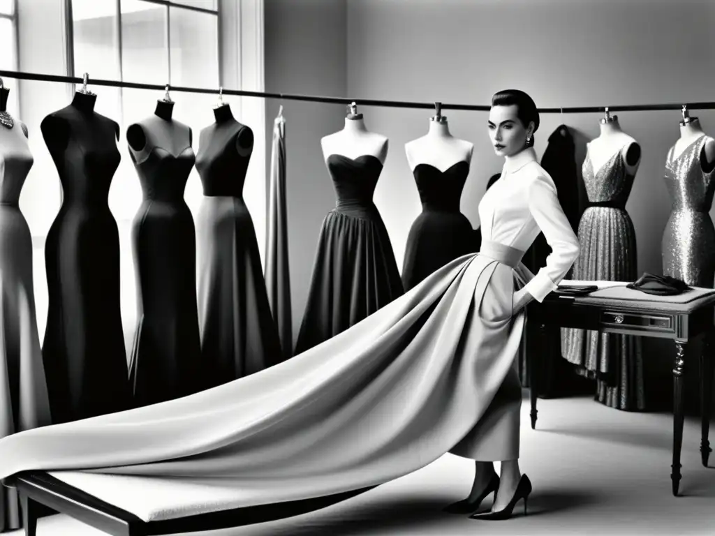 Imagen en blanco y negro de Cristóbal Balenciaga trabajando en su atelier, rodeado de prendas de alta costura