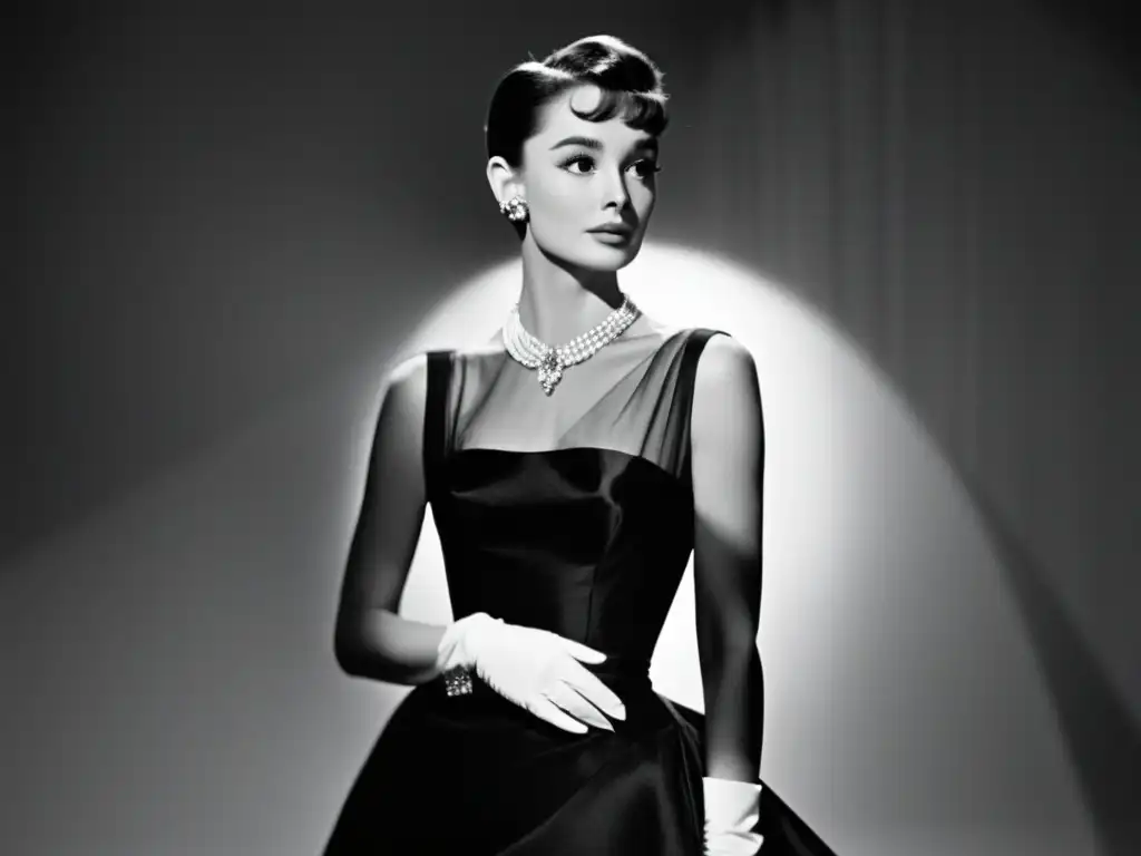 Imagen en blanco y negro de Audrey Hepburn, con elegante vestido de noche, exudando la elegancia del siglo XX