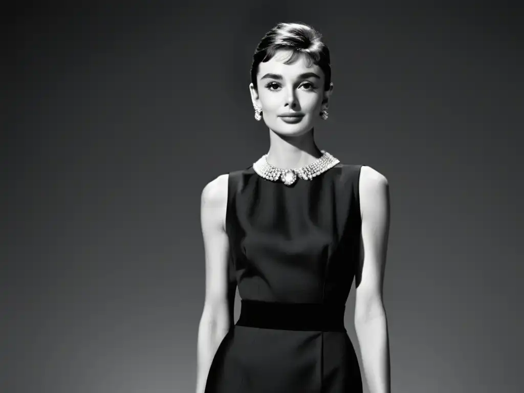 Imagen en blanco y negro de Audrey Hepburn vistiendo el icónico vestido negro de Givenchy, destacando su elegancia y el impacto cultural en la moda