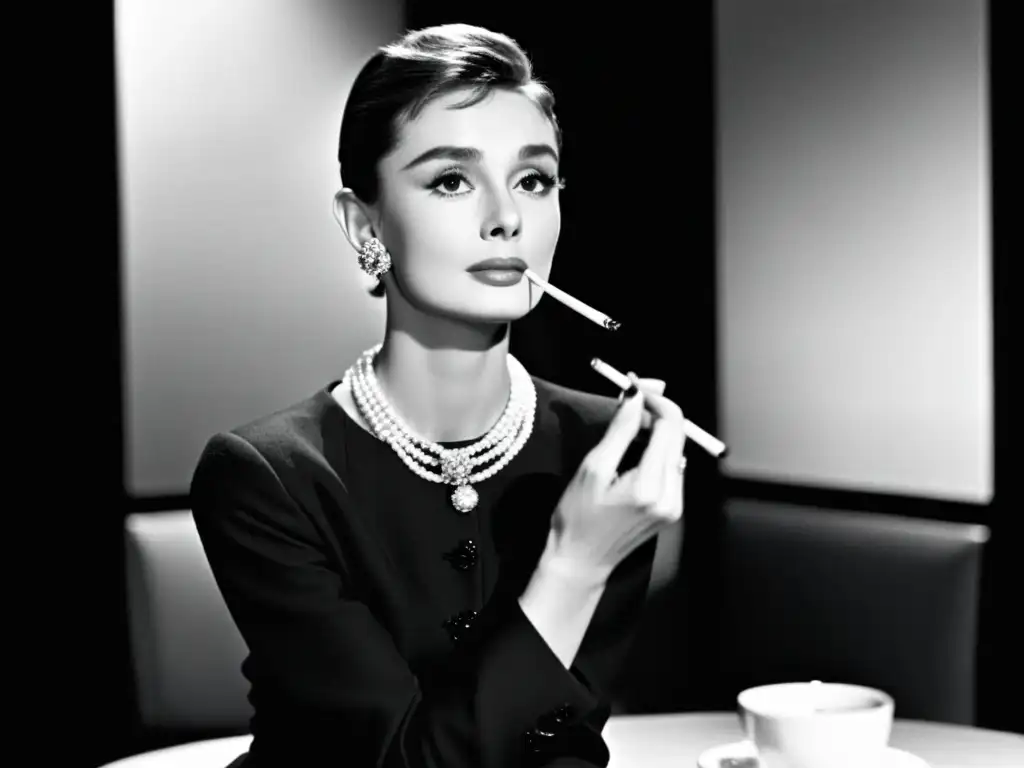 Imagen en blanco y negro de Audrey Hepburn en un clásico traje Chanel, evocando la estética atemporal del cine y la moda