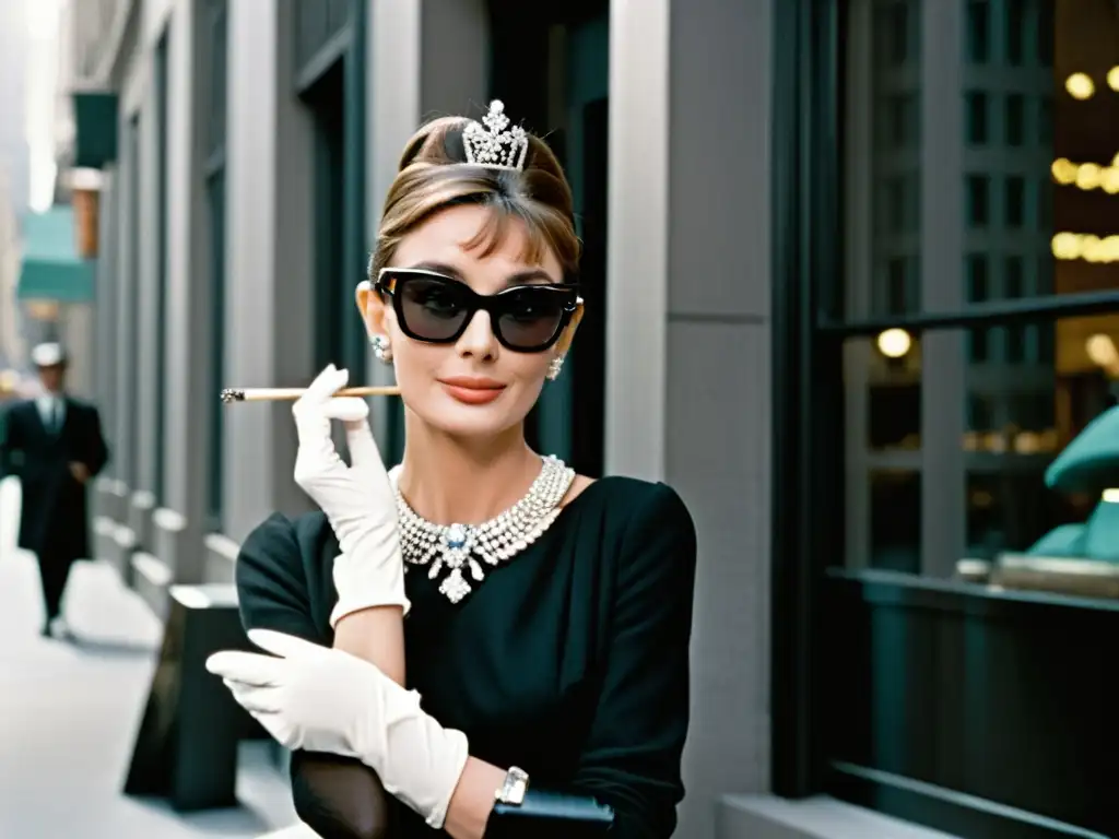 Imagen en blanco y negro de Audrey Hepburn como Holly Golightly en 'Desayuno en Tiffany's', con estilo inmortal Audrey Hepburn en Nueva York