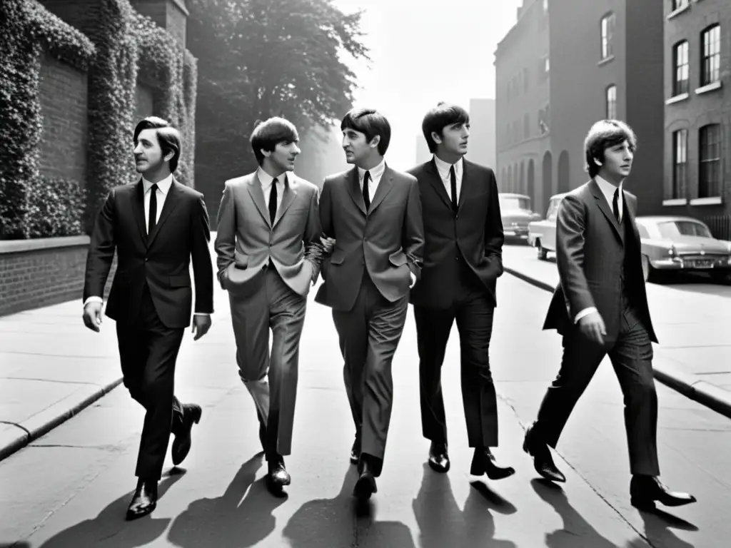 Imagen en blanco y negro de los Beatles caminando juntos con trajes icónicos, mostrando su impacto en la moda masculina