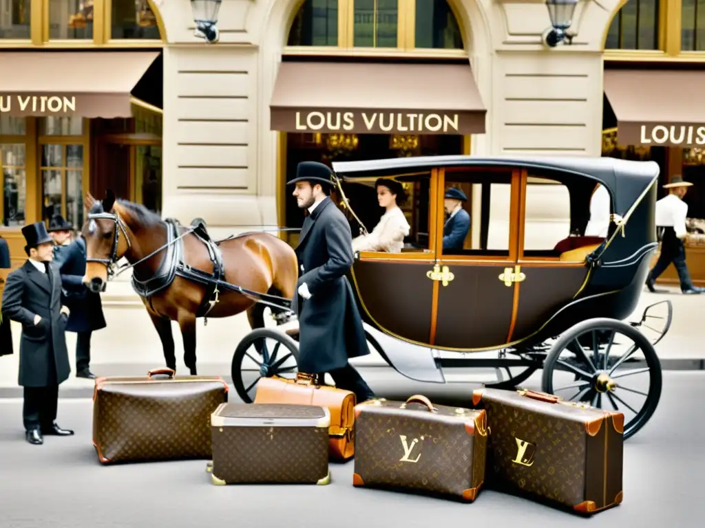 Una imagen en blanco y negro de una bulliciosa calle parisina de finales del siglo XIX, con elegantes hombres y mujeres luciendo los emblemáticos baúles de Louis Vuitton