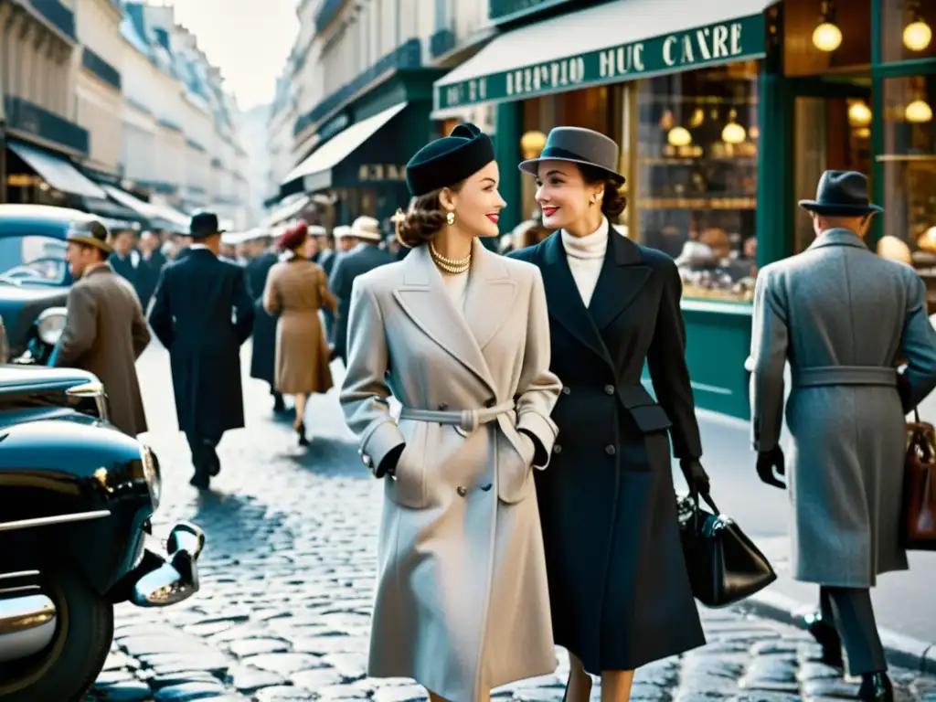 Imagen en blanco y negro de una bulliciosa calle parisina en la década de 1950, capturando la elegante moda europea y el encanto del cine del siglo XX