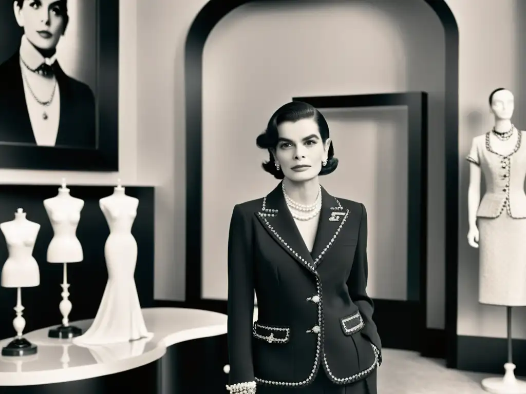 Imagen en blanco y negro de Coco Chanel en un atelier parisino, rodeada de maniquíes con sus diseños icónicos