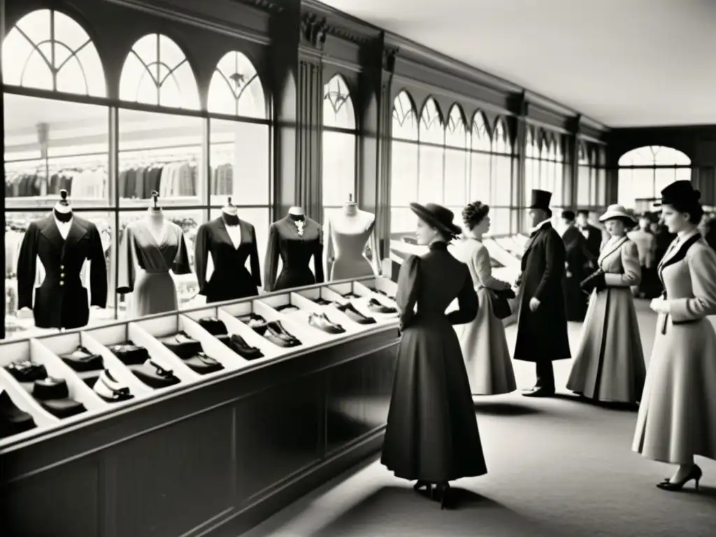 Imagen en blanco y negro de una concurrida tienda departamental en el siglo XIX, con maniquíes elegantes y clientes bien vestidos explorando moda y accesorios, reflejando el impacto cultural del surgimiento de las tiendas de departamento