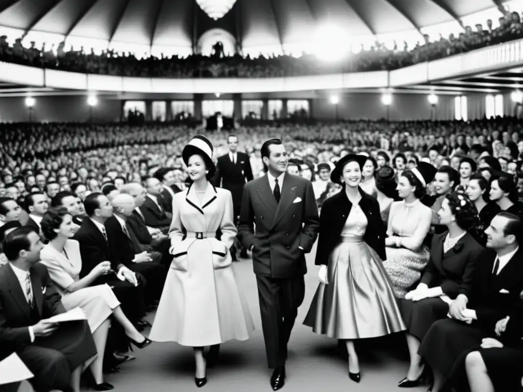 Imagen en blanco y negro de desfile de moda en París en los años 50, con modelos icónicos y audiencia elegante