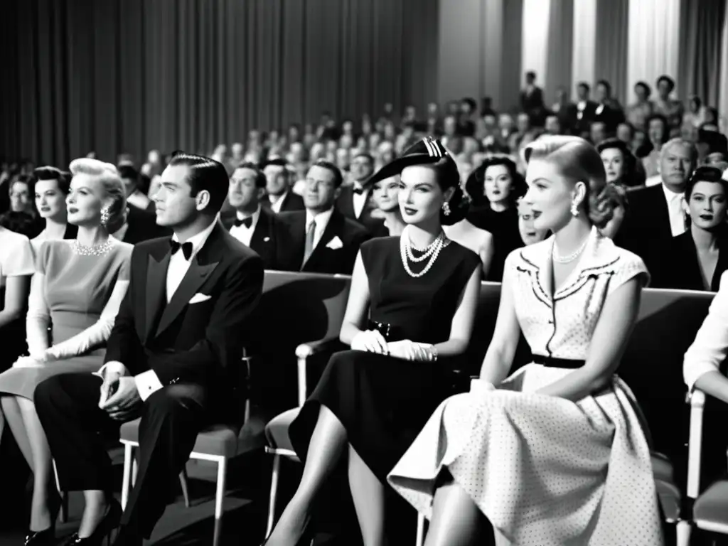 Imagen en blanco y negro de un desfile de moda de los años 50, con un ambiente glamuroso que captura el impacto cultural de las semanas de moda en la historia