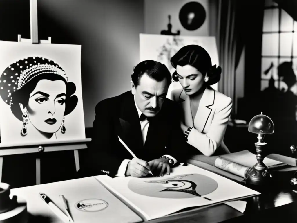 Diseño surrealista: Coco Chanel y Salvador Dalí crean haute couture Imagen en blanco y negro de Coco Chanel y Salvador Dalí colaborando en un diseño de alta costura, mostrando la intensidad de su asociación creativa