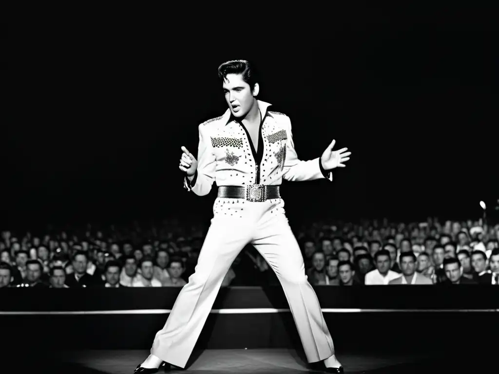 Imagen en blanco y negro de Elvis Presley en el escenario, con su estilo icónico que impactó la moda juvenil