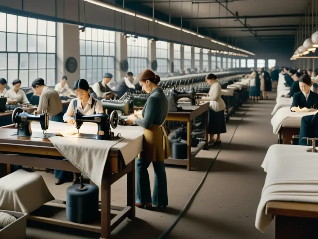 Imagen en blanco y negro de una fábrica textil abarrotada durante la Revolución Industrial, con trabajadores inclinados sobre máquinas de coser y tela esparcida por el suelo