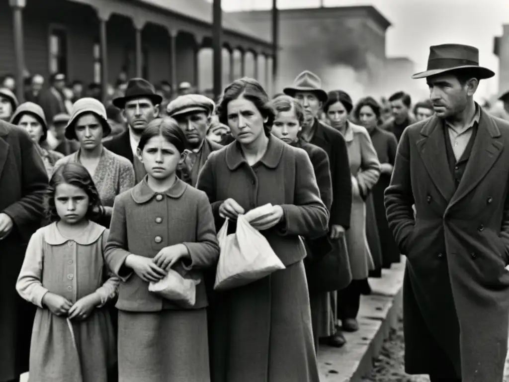 Imagen en blanco y negro de una fila de personas durante la Gran Depresión