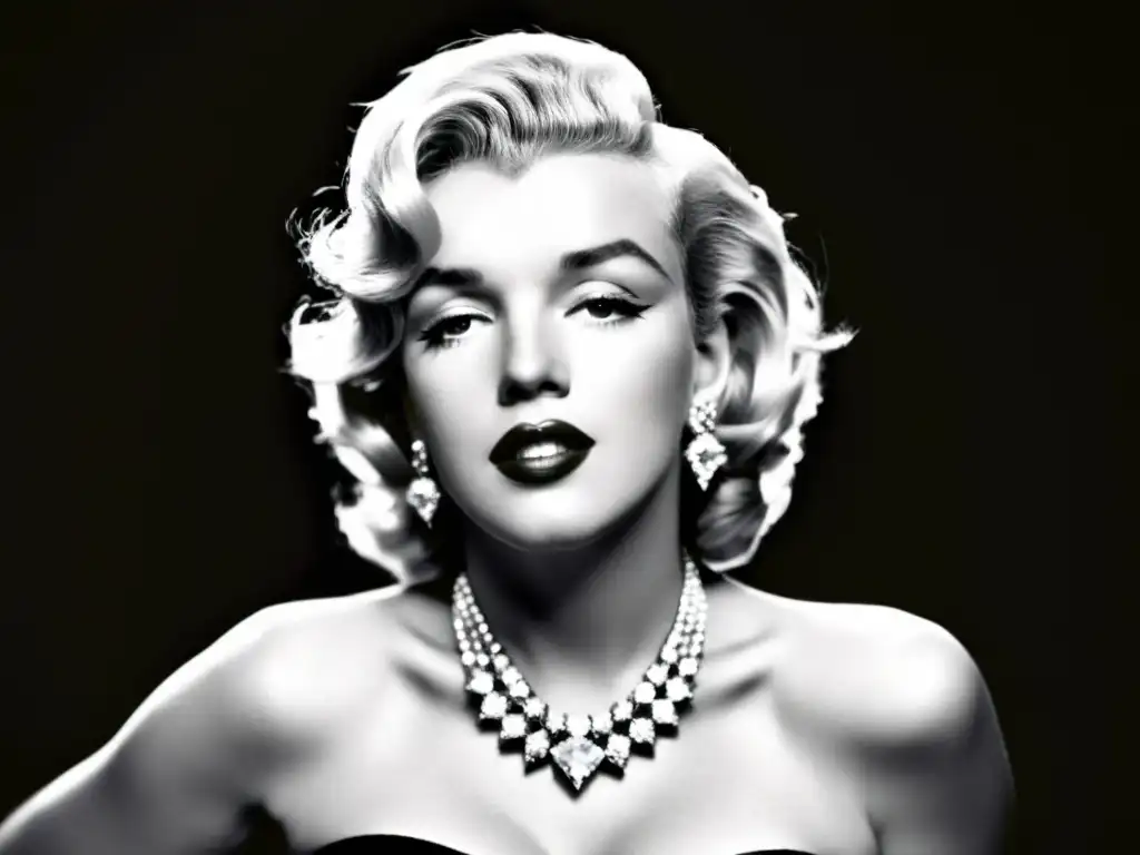 Imagen en blanco y negro de Marilyn Monroe con joyas de Hollywood en la moda, exudando glamour y sofisticación