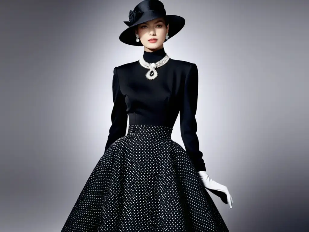 Imagen en blanco y negro de la icónica colección 'New Look' de Christian Dior, resaltando el impacto de Dior en la moda europea de posguerra