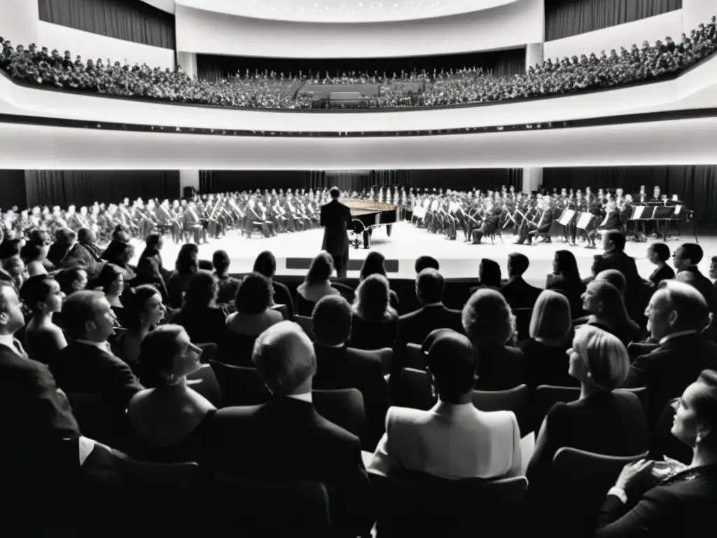 Una imagen en blanco y negro de un lujoso concierto, donde la moda y la música clásica se entrelazan, reflejando el impacto cultural e histórico de esta unión