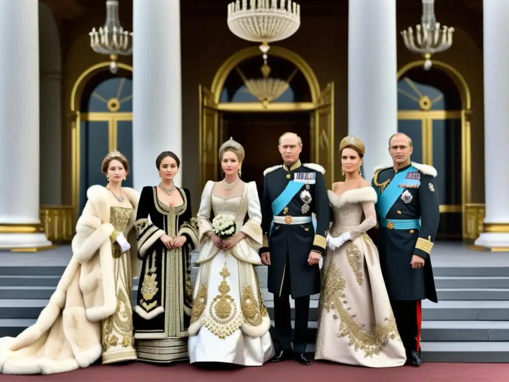 Imagen en blanco y negro de la moda en Rusia Imperial y Soviética, con aristócratas en trajes suntuosos frente a un palacio majestuoso