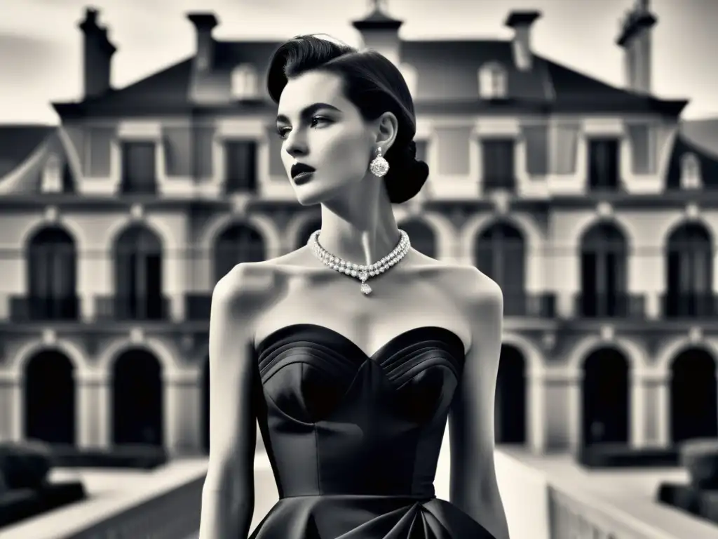 Imagen en blanco y negro de modelo en París con el icónico vestido Junon de Dior, evocando la moda posguerra con elegancia atemporal