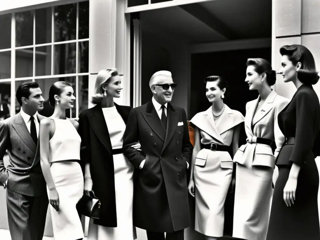 Imagen en blanco y negro de Givenchy y modelos en su atelier parisino, evocando la historia de la moda Givenchy en París