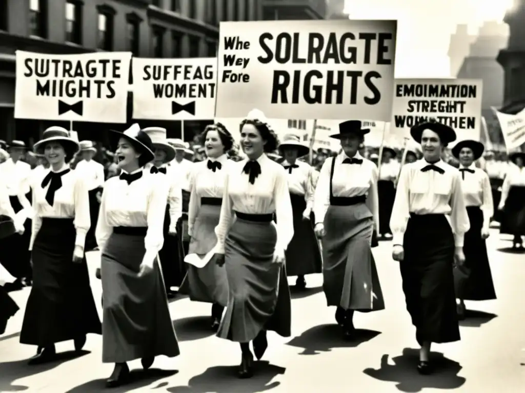 Imagen en blanco y negro de mujeres marchando en un desfile sufragista, mostrando el impacto cultural de la moda feminista en la historia