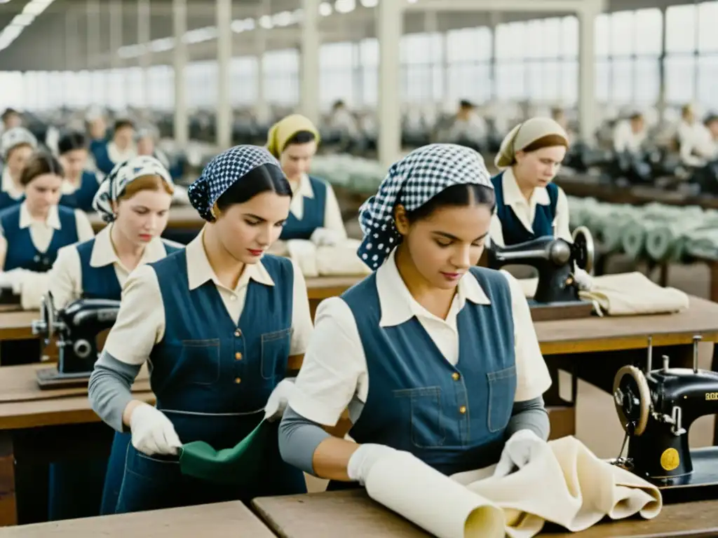 Imagen en blanco y negro de mujeres trabajando en una fábrica de ropa, reflejando el impacto de las guerras mundiales en la moda