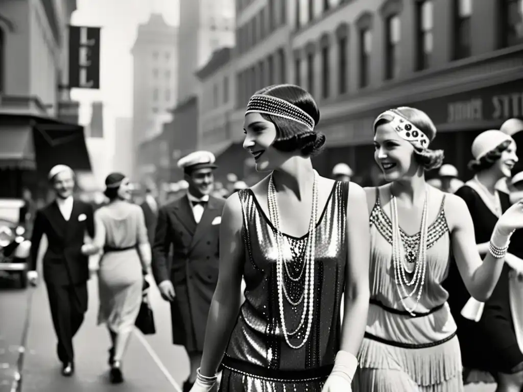 Imagen en blanco y negro de mujeres en los años 20, usando vestidos de moda flapper, bailando en una bulliciosa calle de la ciudad