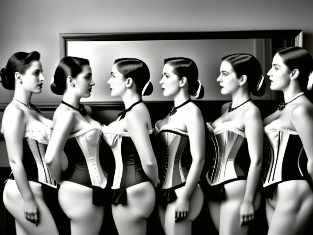 Imagen en blanco y negro de mujeres de diferentes épocas usando corsés y fajas, reflejando la presión social y física