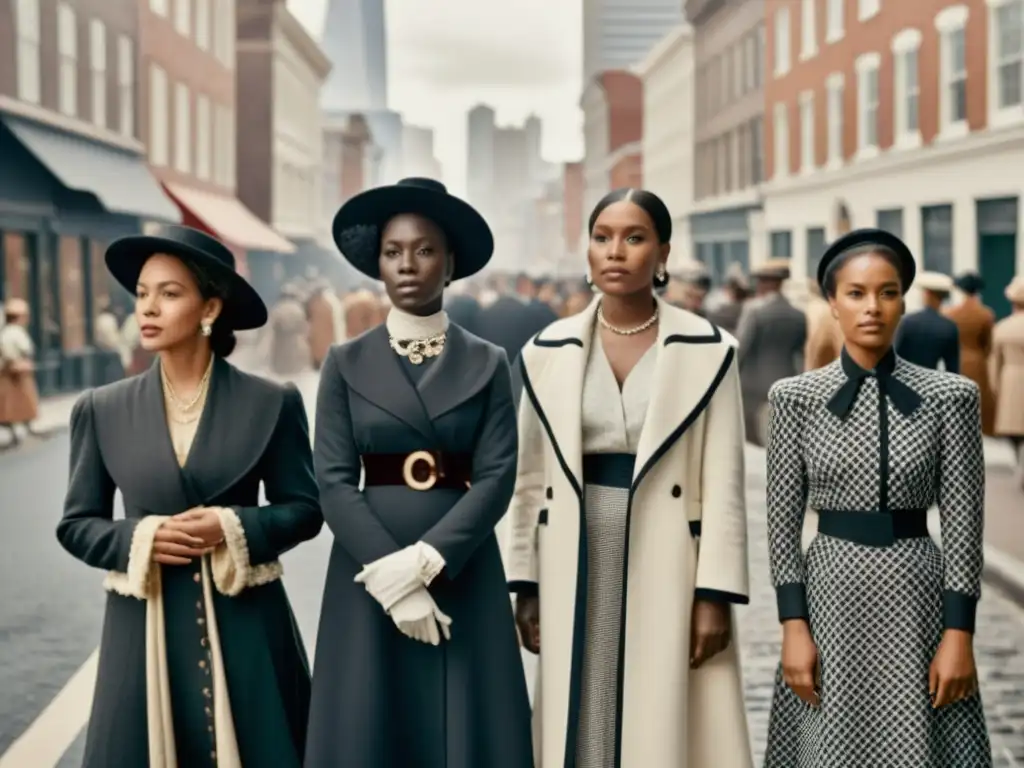 Imagen en blanco y negro de personas de diferentes épocas históricas, representando la moda y exclusión social historia, en una calle de la ciudad